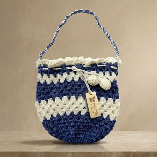 Coastal Charm Crochet Mini Bag – Navy Blue & Ivory