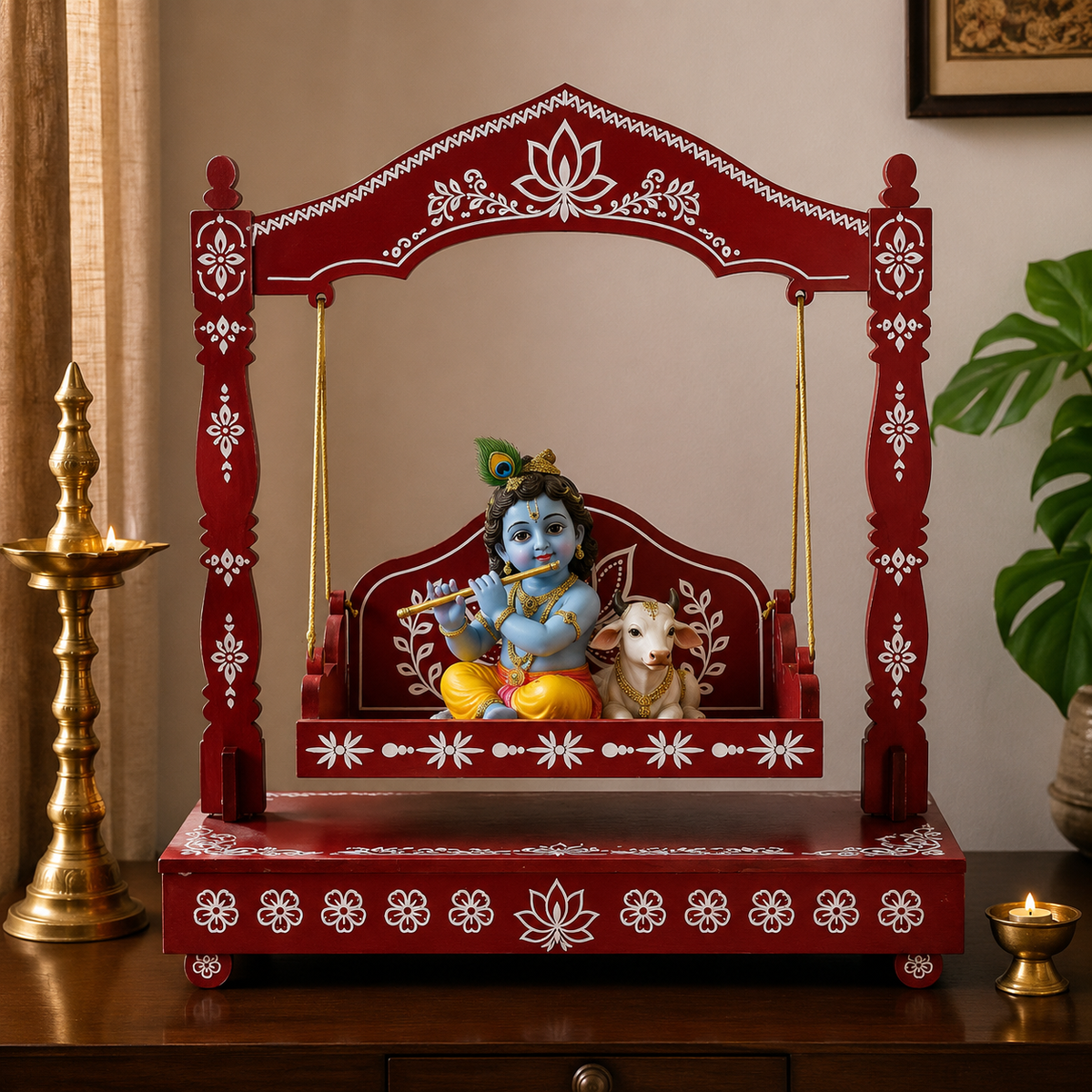 Premium Krishna Ji Wooden Jhula | Decorative Laddu Gopal Swing
